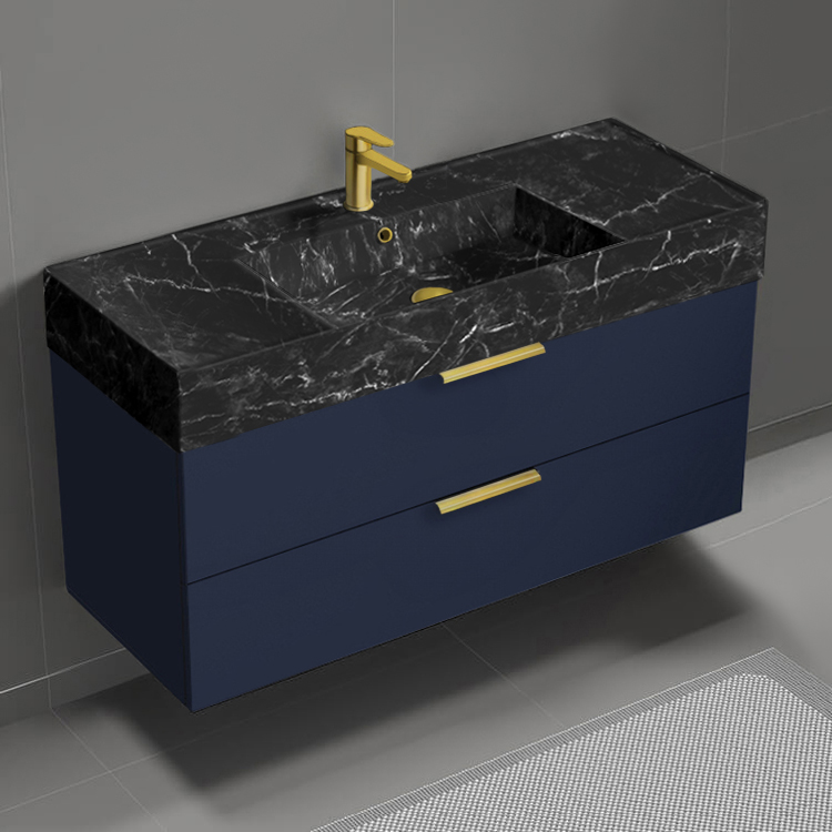 Bathroom Vanity Floating Bathroom Vanity, Modern, Blue, 48 Inch, Black Marble Style Sink, Gold Handles Nameeks DERIN946